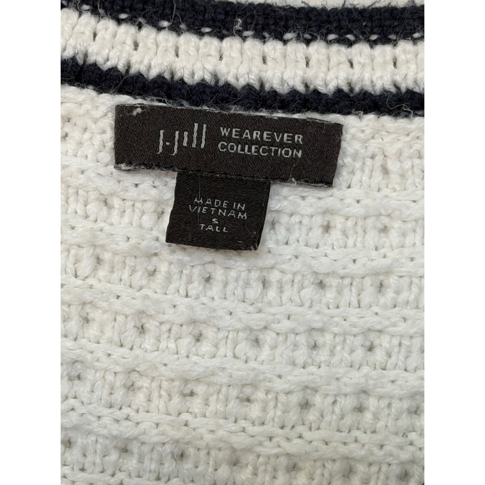 J Jill Wearever White Navy Textured Knit Cardigan Sweater S Tall Nautical - Picture 8 of 15